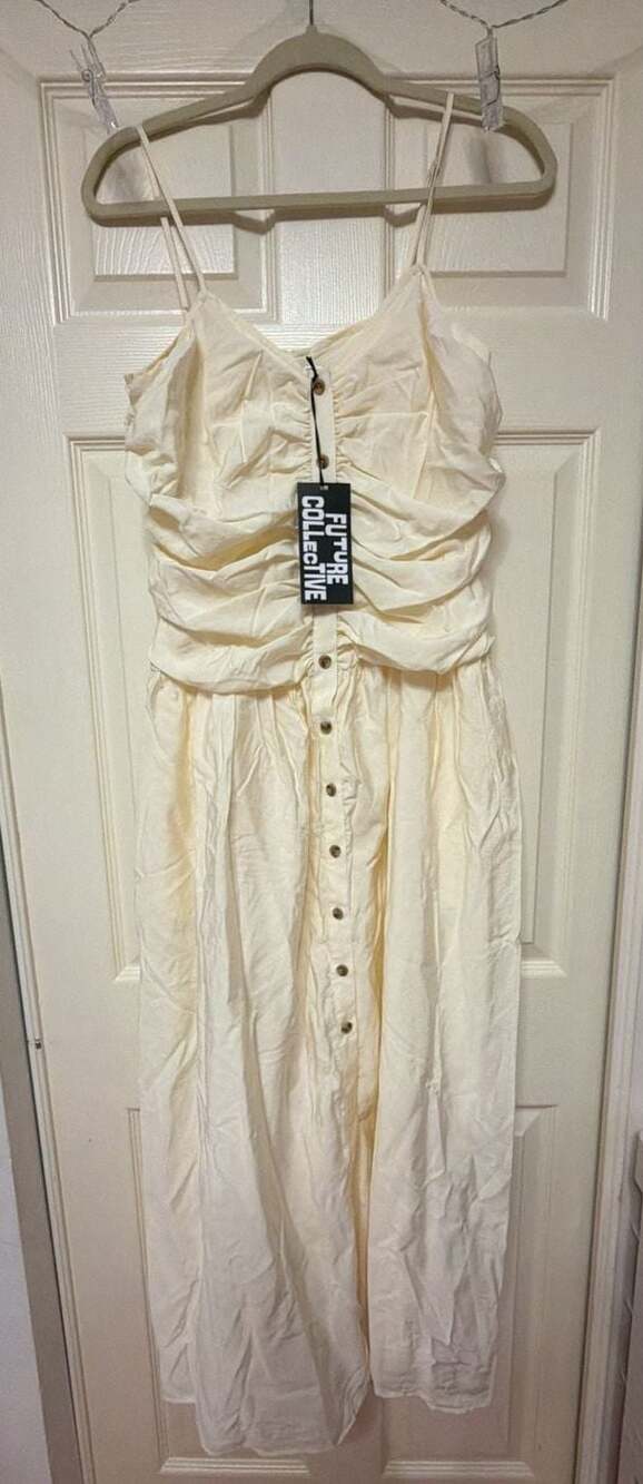 Future Collective Cream Sleeveless Button-Front Ruched Midi Dress